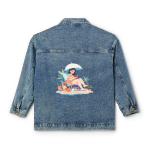 Denim jacket with a vacation-themed design showing a woman relaxing under an umbrella on the back