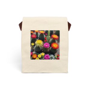 Canvas lunch bag with strap featuring a colorful cactus garden with bright blooming flowers