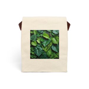 Canvas lunch bag with strap featuring a vibrant green tropical leaves design