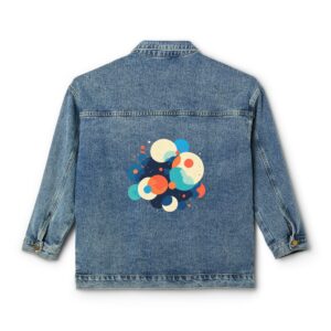 Denim jacket with overlapping colorful circles design on the back