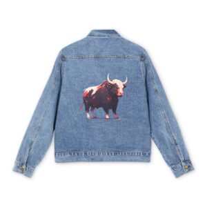 Men's denim jacket with a bold bull graphic design on the back