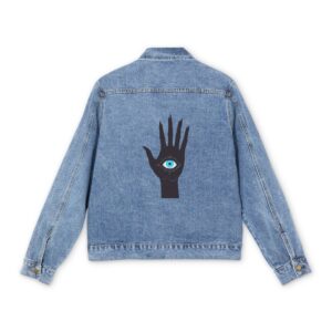 Light blue denim jacket with a black mystic hand holding a blue eye design on the back