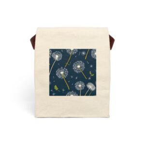 Canvas lunch bag with strap featuring a whimsical dandelion seed pattern with yellow accents on a dark background