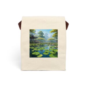 Canvas lunch bag with strap featuring a serene lotus pond and pagoda design