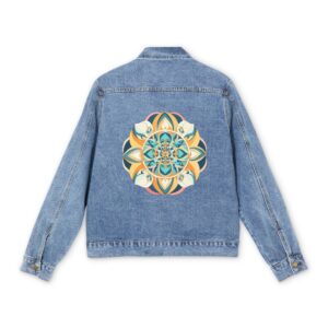 Light blue denim jacket with a colorful sacred geometric pattern design on the back