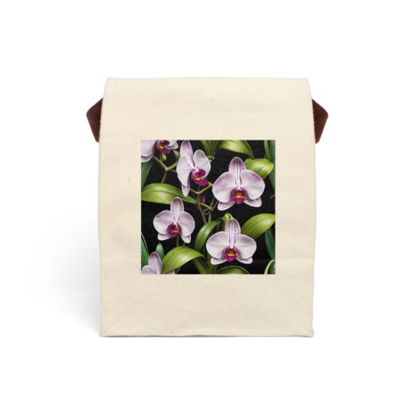 Canvas lunch bag with strap featuring a white orchid flower design