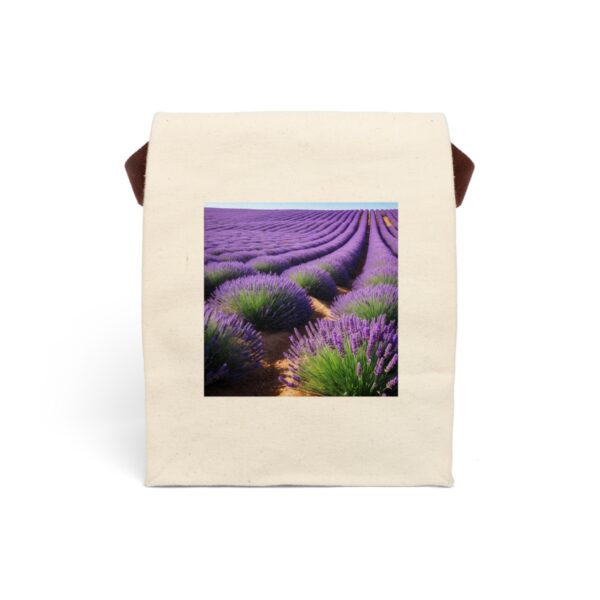 Canvas lunch bag with strap featuring a vibrant lavender field close-up design