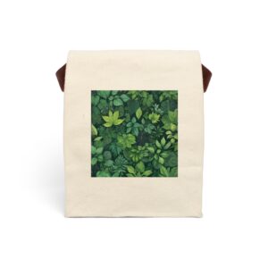 Canvas lunch bag with strap featuring a rich green leafy foliage design