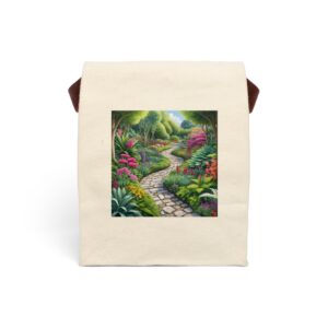 Canvas lunch bag with strap featuring a colorful garden pathway design