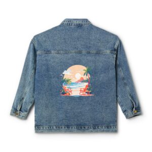 Denim jacket with a vacation-themed design depicting a beach scene with palm trees and sunset on the back