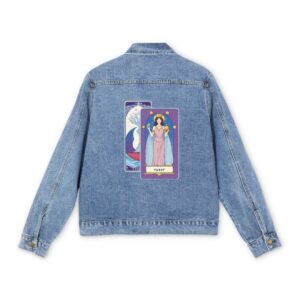 Light blue denim jacket with two colorful tarot card designs on the back