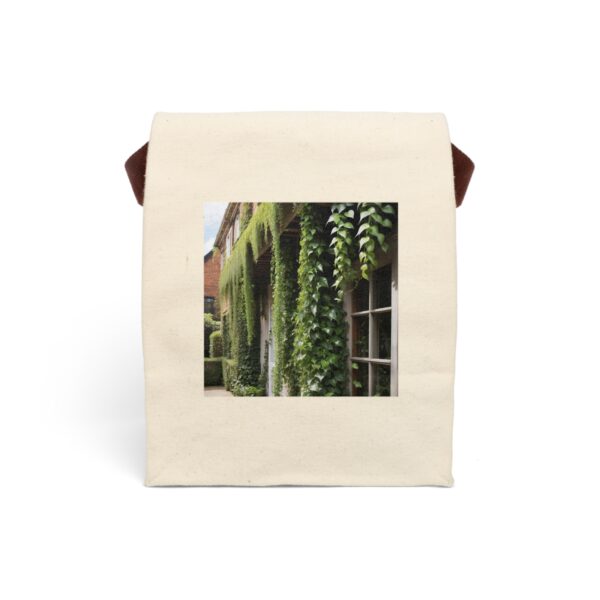 Canvas lunch bag with strap featuring a building wall covered in cascading green vines