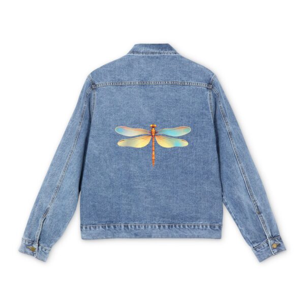 Light blue denim jacket with colorful dragonfly design on the back