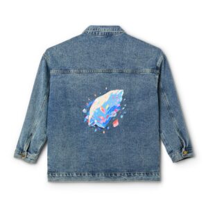 Denim jacket with a colorful geometric diamond design on the back