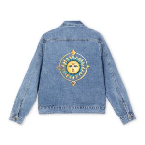 Light blue denim jacket with colorful sun and moon design on the back