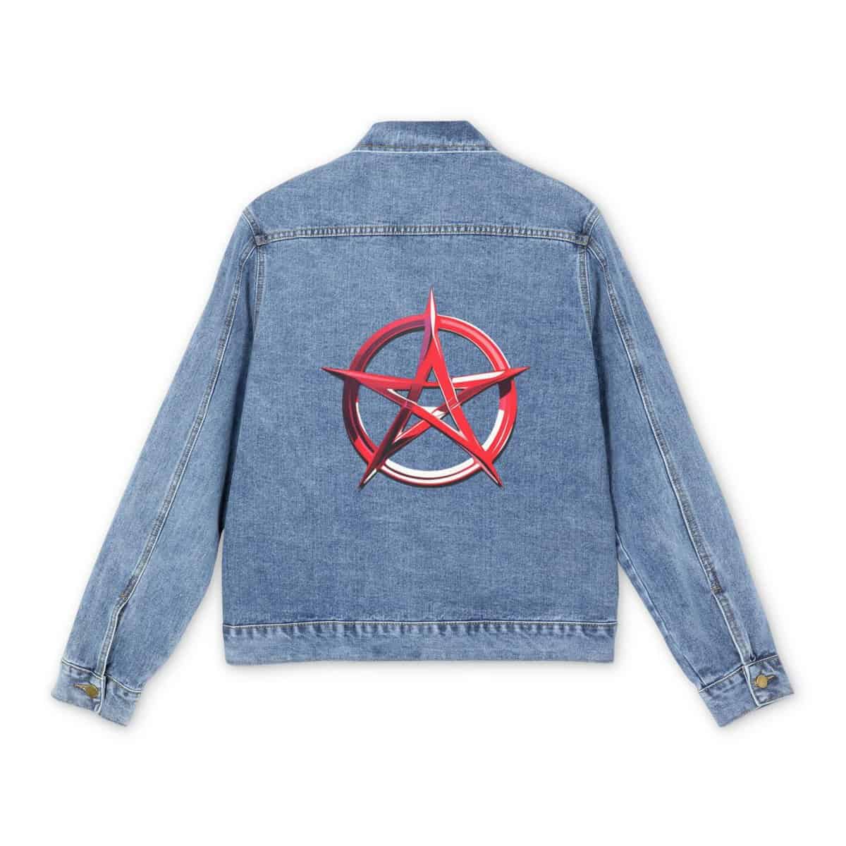 Men's denim jacket with a bold red pentagram design on the back