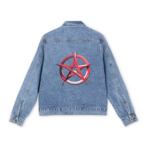 Men's denim jacket with a bold red pentagram design on the back