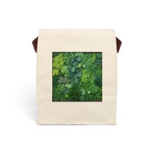 Canvas lunch bag with strap featuring a vibrant green plant wall design