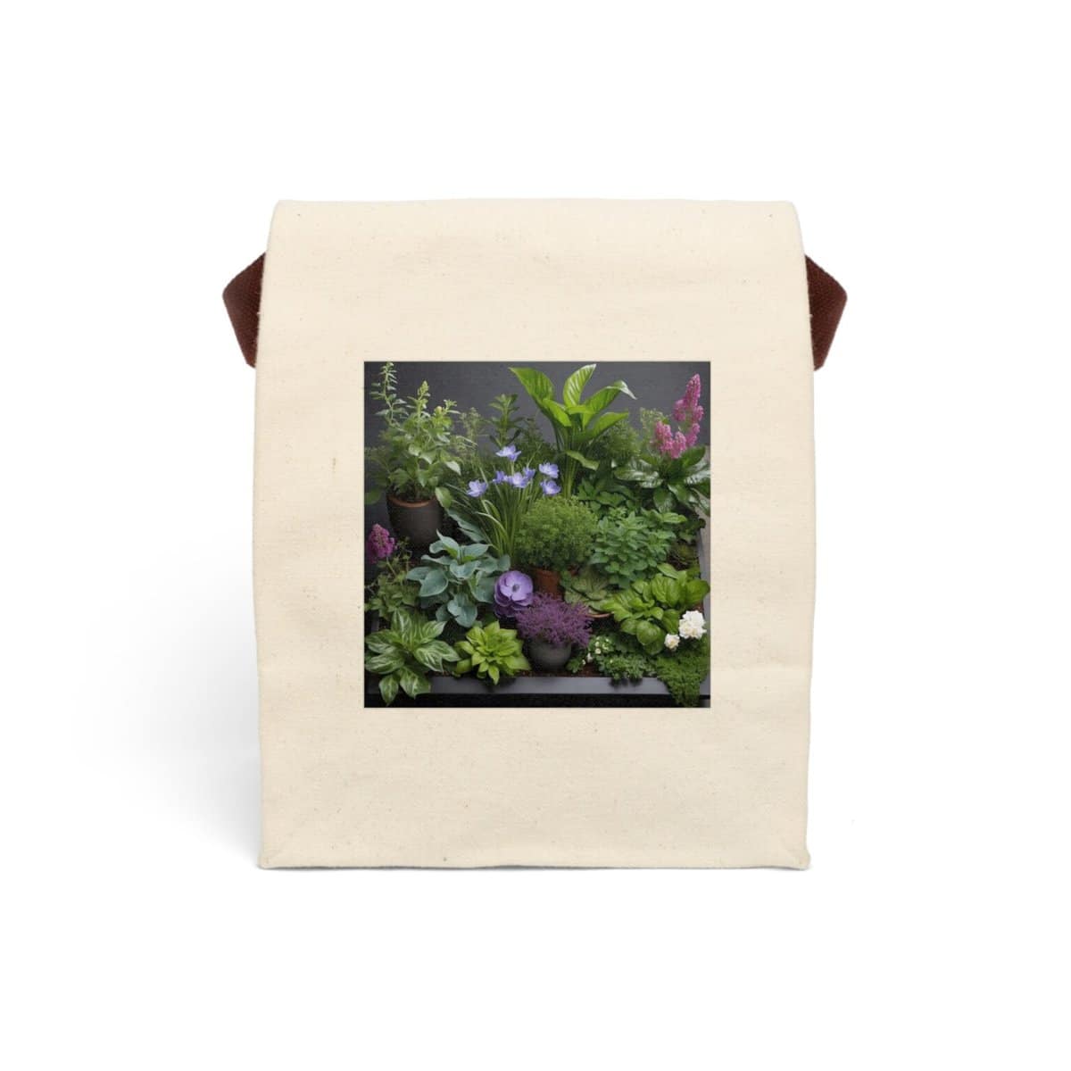 Canvas lunch bag with strap featuring a lush garden with various green plants and flowers design