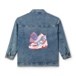 Denim jacket with a colorful sneakers design on the back