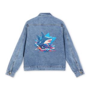 Men's denim jacket with colorful shark design on the back