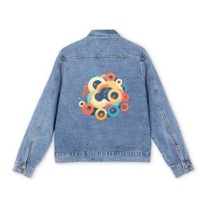 Men's denim jacket with a colorful concentric circles graphic design on the back