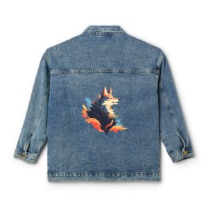 Denim jacket with a colorful wolf design on the back