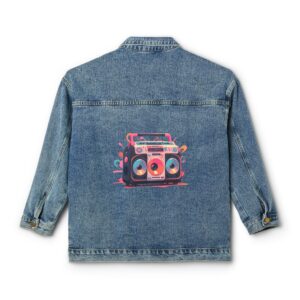 Denim jacket with a colorful retro boom box design on the back