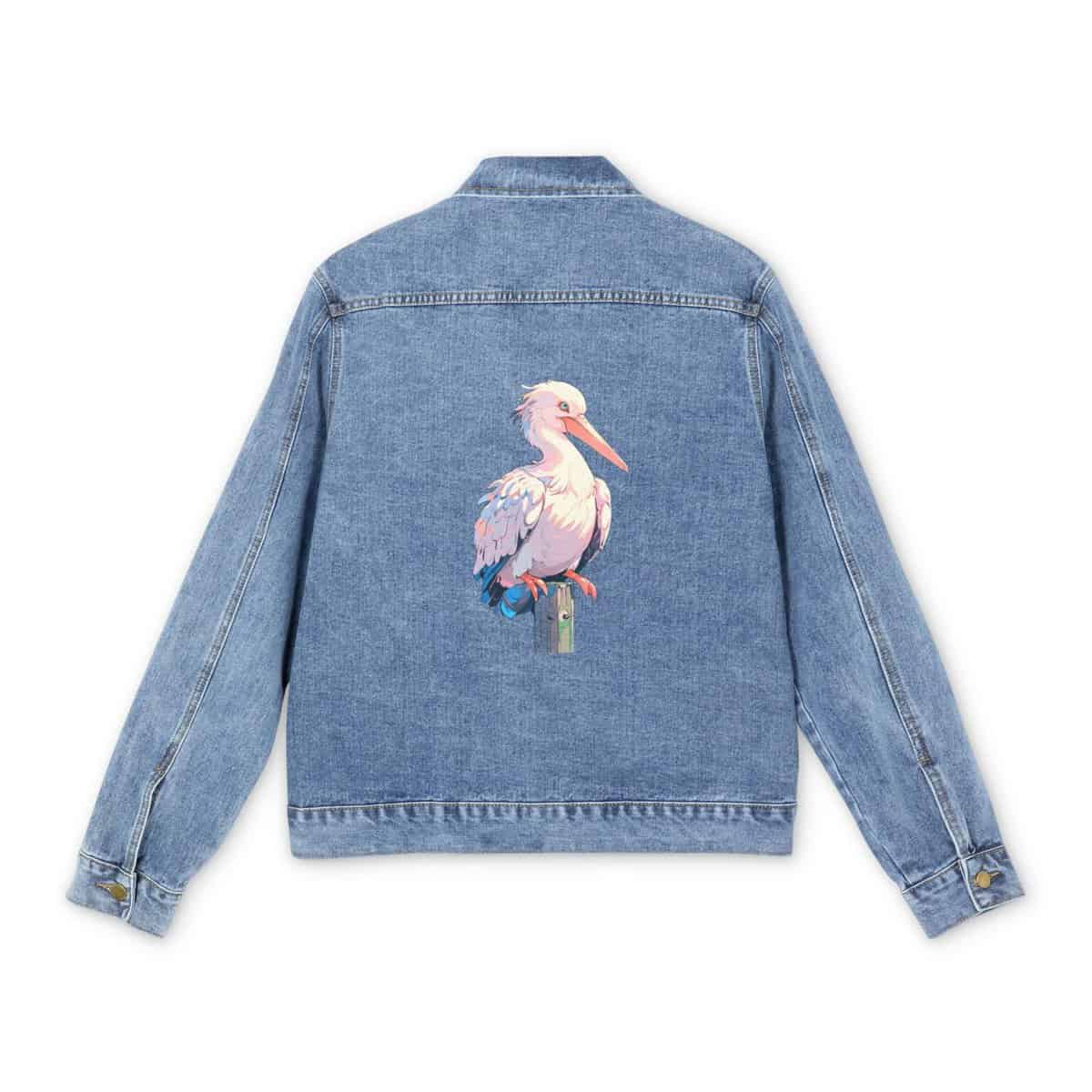 Light blue denim jacket with colorful pelican design on the back