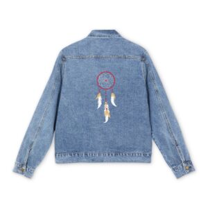 Men's denim jacket with a dreamcatcher design and white feathers on the back