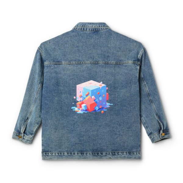 Back view of women's denim jacket with pastel 3D cube illusion design