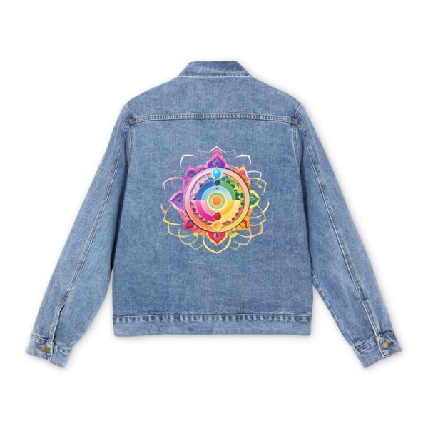 Light blue denim jacket with colorful intricate chakra design on the back