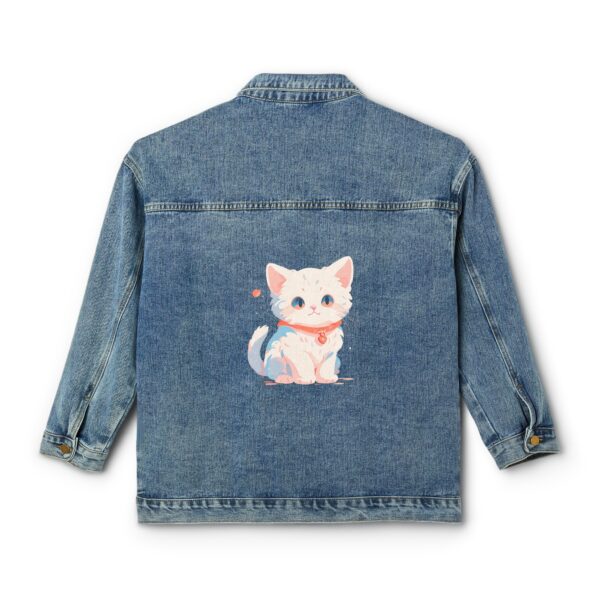 Denim jacket with a colorful kitten design on the back