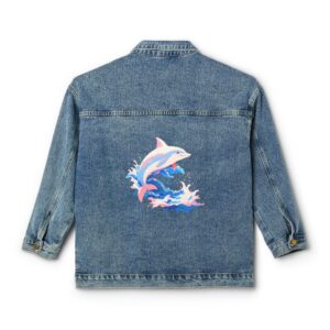 Denim jacket with a colorful dolphin design on the back