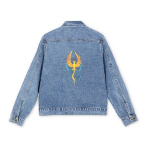 Light blue denim jacket with a colorful phoenix design on the back