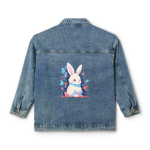 Denim jacket with a colorful bunny design on the back