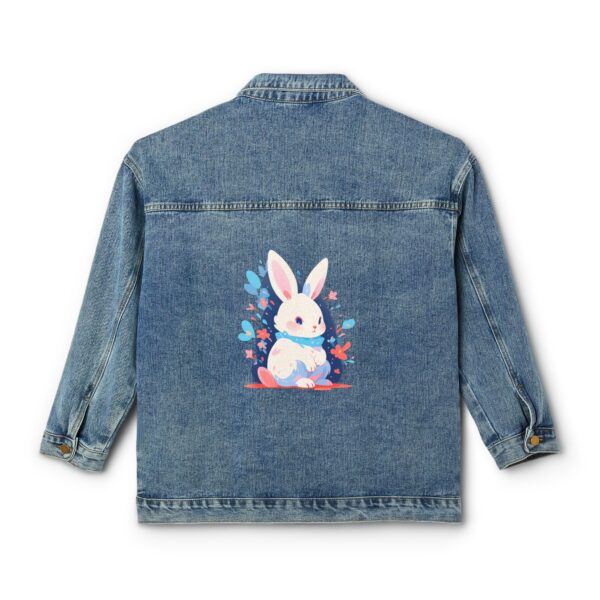 Denim jacket with a colorful bunny design on the back