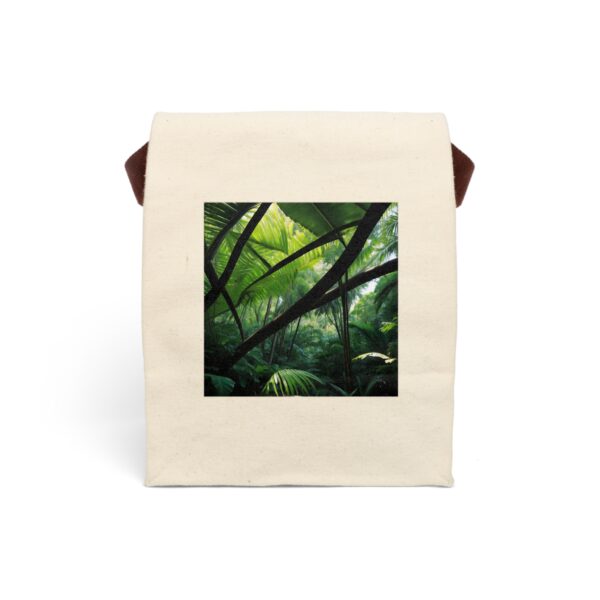 Canvas lunch bag with dense tropical jungle canopy design.