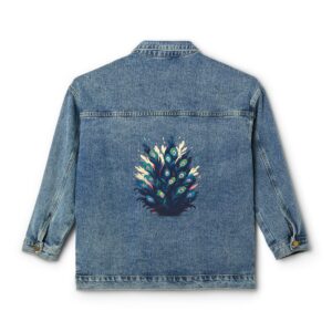 Denim jacket with a colorful peacock feathers design on the back