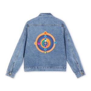 Light blue denim jacket with colorful chakra circle design on the back