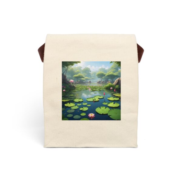 Canvas lunch bag with strap featuring a tranquil lotus pond with lily pads design