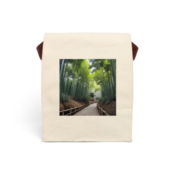 Canvas lunch bag with strap featuring a scenic bamboo forest walkway design