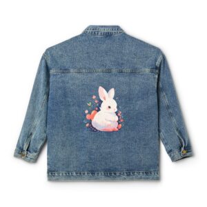 Denim jacket with a colorful bunny design on the back