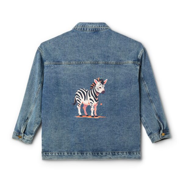 Denim jacket with a colorful zebra design on the back