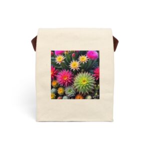 Canvas lunch bag with strap featuring a colorful cactus garden with bright blooming flowers