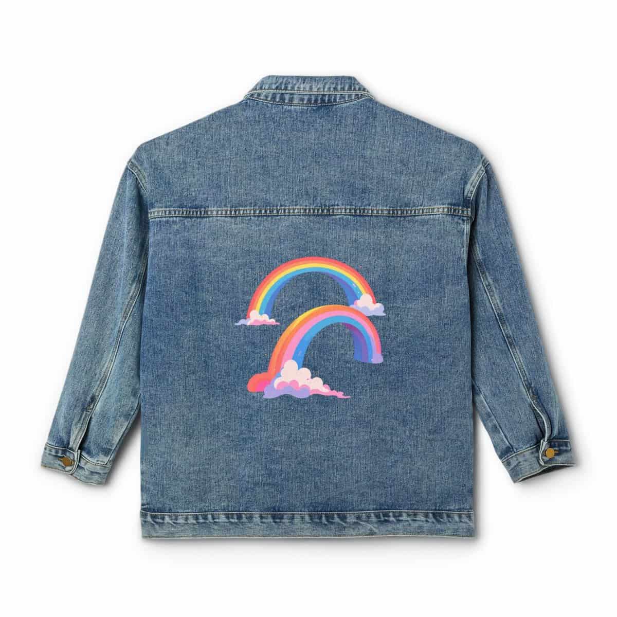 Denim jacket with a colorful rainbow design on the back