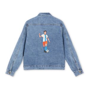 Light blue denim jacket with colorful soccer player standing design on the back