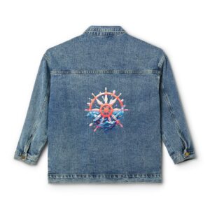 Denim jacket with a ship wheel design on the back