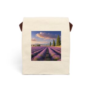 Canvas lunch bag with strap featuring a lavender field at sunset design