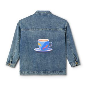 Denim jacket with a colorful coffee cup design on the back